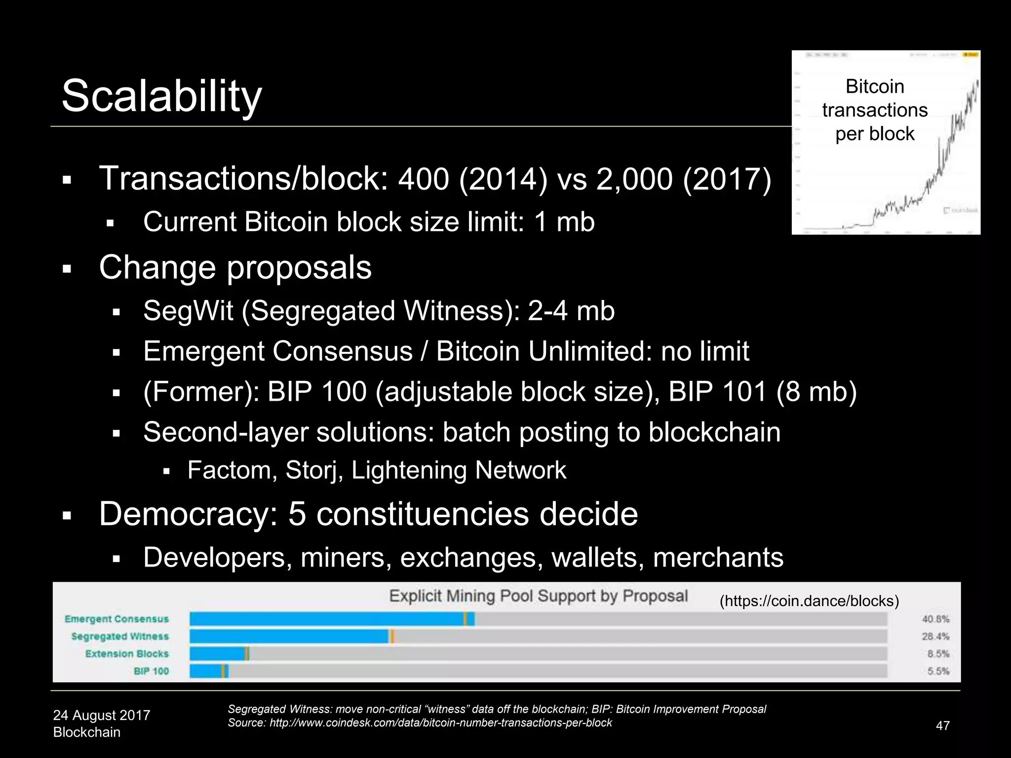24 August 2017
Blockchain
Scalability
 Transactions/block: 400 (2014) vs 2,000 (2017)
 Current Bitcoin block size limit: 1 mb
 Change proposals
 SegWit (Segregated Witness): 2-4 mb
 Emergent Consensus / Bitcoin Unlimited: no limit
 (Former): BIP 100 (adjustable block size), BIP 101 (8 mb)
 Second-layer solutions: batch posting to blockchain
 Factom, Storj, Lightening Network
 Democracy: 5 constituencies decide
 Developers, miners, exchanges, wallets, merchants
47
Segregated Witness: move non-critical “witness” data off the blockchain; BIP: Bitcoin Improvement Proposal
Source: http://www.coindesk.com/data/bitcoin-number-transactions-per-block
Bitcoin
transactions
per block
(https://coin.dance/blocks)
 