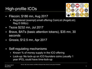 24 August 2017
Blockchain
High-profile ICOs
 Filecoin; $186 mn, Aug 2017
 Registered (exempt) small offering CoinList (A...