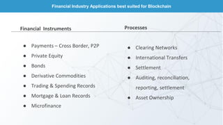 Financial Industry Applications best suited for Blockchain
Financial Instruments
● Payments – Cross Border, P2P
● Private ...