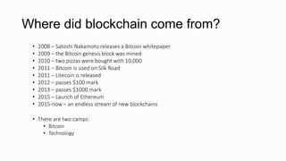 Where did blockchain come from?
• 2008 – Satoshi Nakamoto releases a Bitcoin whitepaper
• 2009 – the Bitcoin genesis block...