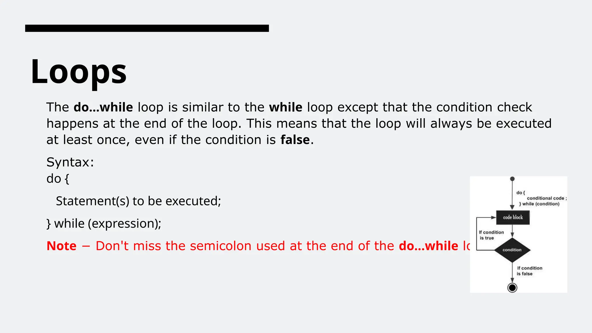 Loops
The do...while loop is similar to the while loop except that the condition check
happens at the end of the loop. This means that the loop will always be executed
at least once, even if the condition is false.
Syntax:
do {
Statement(s) to be executed;
} while (expression);
Note − Don't miss the semicolon used at the end of the do...while loop.
 
