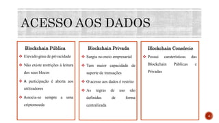  Elevado grau de privacidade
 Não existe restrições à leitura
dos seus blocos
 A participação é aberta aos
utilizadores
 Associa-se sempre a uma
criptomoeda
Blockchain Pública Blockchain Privada Blockchain Consórcio
 Surgiu no meio empresarial
 Tem maior capacidade de
suporte de transações
 O acesso aos dados é restrito
 As regras de uso são
definidas de forma
centralizada
 Possui caraterísticas das
Blockchain Públicas e
Privadas
4
 