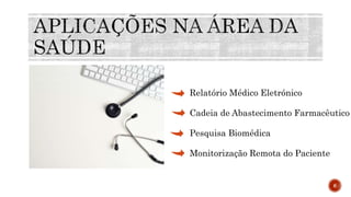 Relatório Médico Eletrónico
Cadeia de Abastecimento Farmacêutico
Pesquisa Biomédica
Monitorização Remota do Paciente
6
 