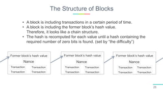 The Structure of Blocks
25
Former block’s hash value Former block’s hash value Former block’s hash value
Nance Nance Nance
Transaction Transaction
TransactionTransaction
Transaction Transaction
TransactionTransaction
Transaction Transaction
Transaction Transaction
• A block is including transactions in a certain period of time.
• A block is including the former block’s hash value.
Therefore, it looks like a chain structure.
• The hash is recomputed for each value until a hash containing the
required number of zero bits is found. (set by “the difficulty”)
 