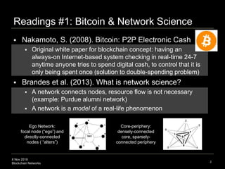 8 Nov 2018
Blockchain Networks
Readings #1: Bitcoin & Network Science
2
 Nakamoto, S. (2008). Bitcoin: P2P Electronic Cash
 Original white paper for blockchain concept: having an
always-on Internet-based system checking in real-time 24-7
anytime anyone tries to spend digital cash, to control that it is
only being spent once (solution to double-spending problem)
 Brandes et al. (2013). What is network science?
 A network connects nodes, resource flow is not necessary
(example: Purdue alumni network)
 A network is a model of a real-life phenomenon
Core-periphery:
densely-connected
core, sparsely-
connected periphery
Ego Network:
focal node (“ego”) and
directly-connected
nodes ( “alters”)
 