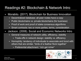 8 Nov 2018
Blockchain Networks
Readings #2: Blockchain & Network Intro
3
 Morabito. (2017). Blockchain for Business Innovation
 Decentralized database: all peer nodes have a copy
 Public blockchains vs. private blockchains (for business)
 Proof of work and proof of stake consensus algorithms
 Smart contracts: two or more parties, terms, consideration
 Jackson. (2008). Social and Economic Networks Intro
 General measures of network utility, efficiency, stability
 Trade-offs in network design: stability vs. efficiency
 Homophily: tendency of individuals to associate and bond with
others that are similar, “birds of a feather flock together”
 Preferential attachment: “rich get richer”
 