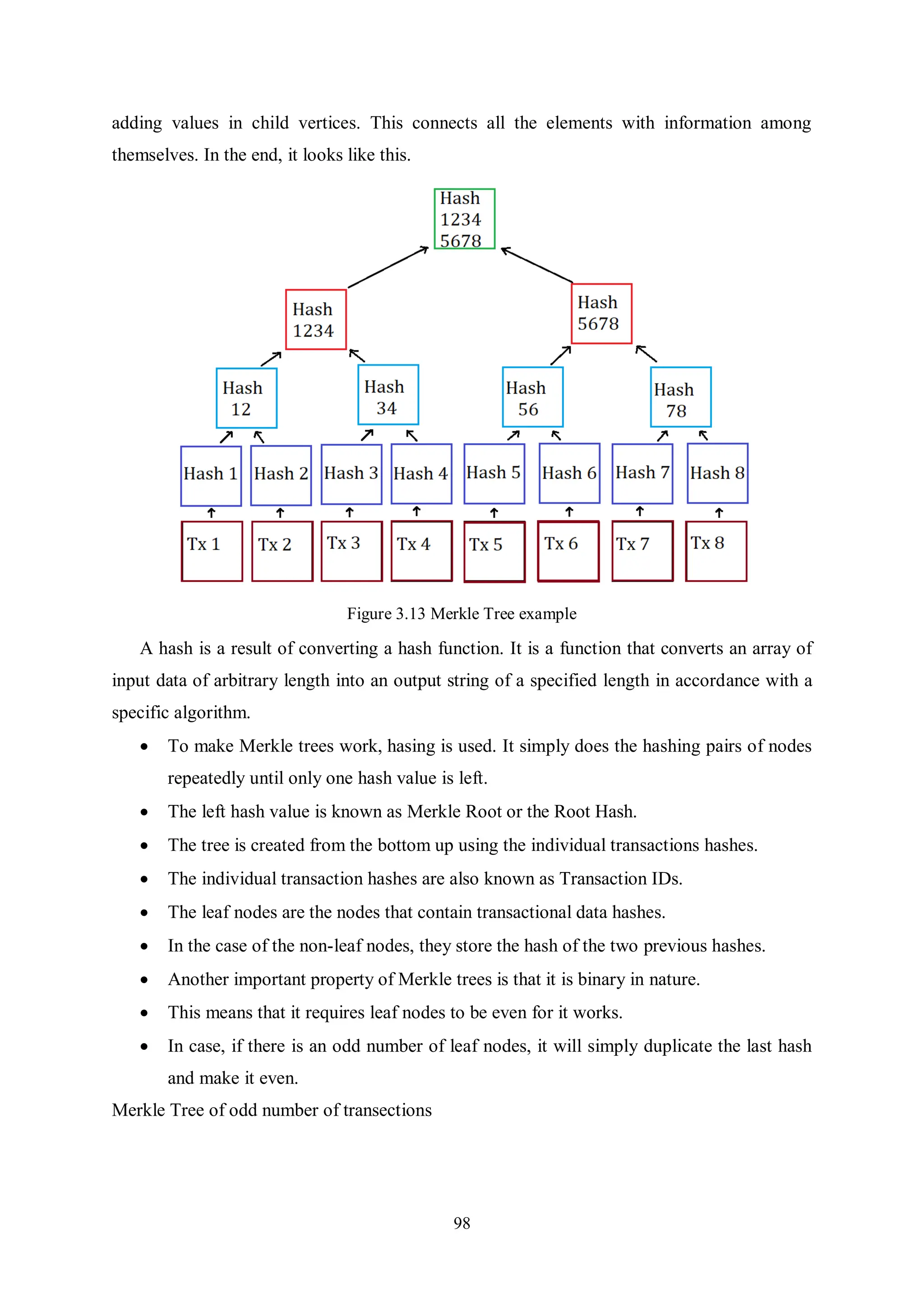 98 adding values in child vertices. This connects all the elements with information among themselves. In the end, it looks like this. Figure 3.13 Merkle Tree example A hash is a result of converting a hash function. It is a function that converts an array of input data of arbitrary length into an output string of a specified length in accordance with a specific algorithm.  To make Merkle trees work, hasing is used. It simply does the hashing pairs of nodes repeatedly until only one hash value is left.  The left hash value is known as Merkle Root or the Root Hash.  The tree is created from the bottom up using the individual transactions hashes.  The individual transaction hashes are also known as Transaction IDs.  The leaf nodes are the nodes that contain transactional data hashes.  In the case of the non-leaf nodes, they store the hash of the two previous hashes.  Another important property of Merkle trees is that it is binary in nature.  This means that it requires leaf nodes to be even for it works.  In case, if there is an odd number of leaf nodes, it will simply duplicate the last hash and make it even. Merkle Tree of odd number of transections 