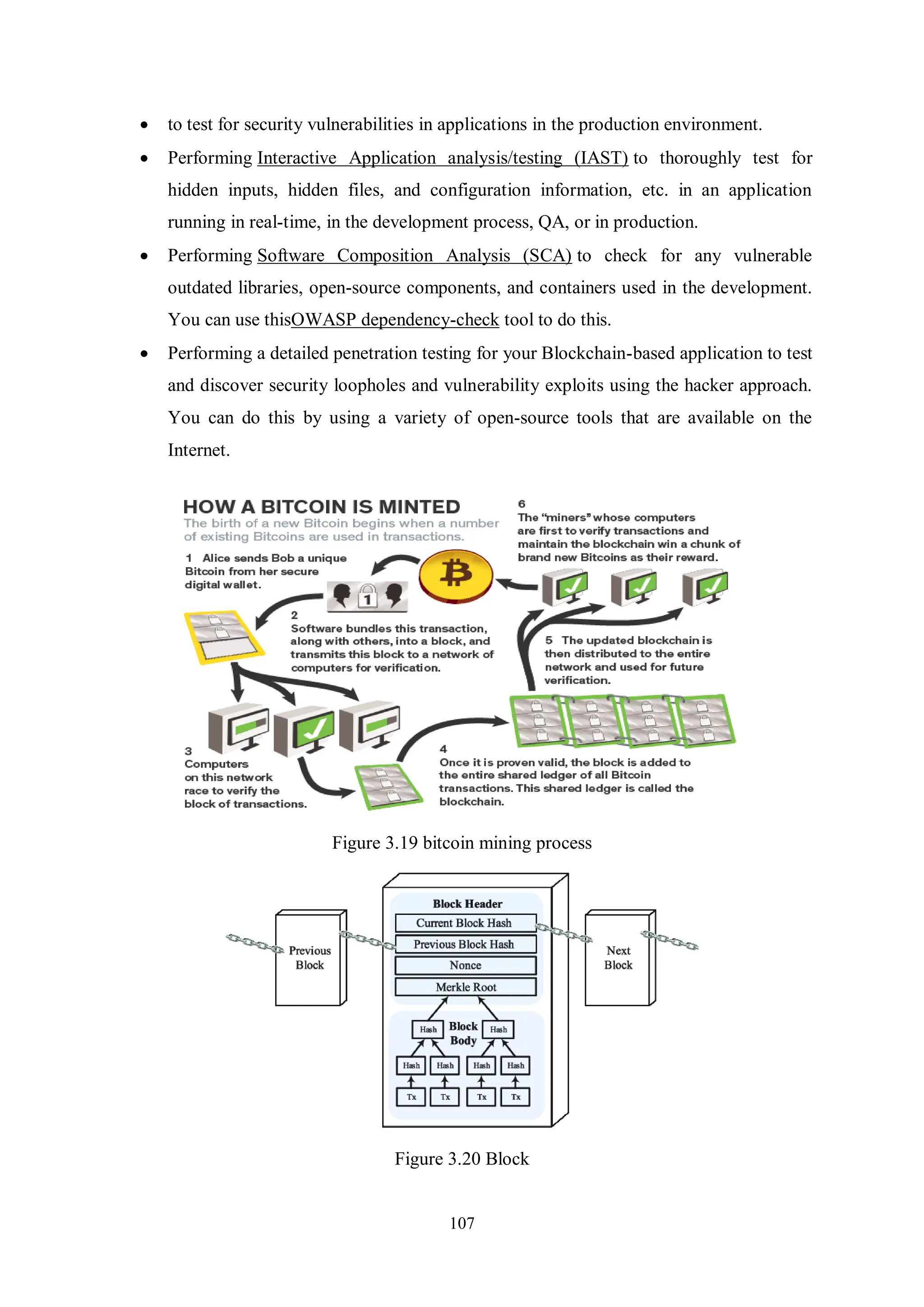 107  to test for security vulnerabilities in applications in the production environment.  Performing Interactive Application analysis/testing (IAST) to thoroughly test for hidden inputs, hidden files, and configuration information, etc. in an application running in real-time, in the development process, QA, or in production.  Performing Software Composition Analysis (SCA) to check for any vulnerable outdated libraries, open-source components, and containers used in the development. You can use thisOWASP dependency-check tool to do this.  Performing a detailed penetration testing for your Blockchain-based application to test and discover security loopholes and vulnerability exploits using the hacker approach. You can do this by using a variety of open-source tools that are available on the Internet. Figure 3.19 bitcoin mining process Figure 3.20 Block 
