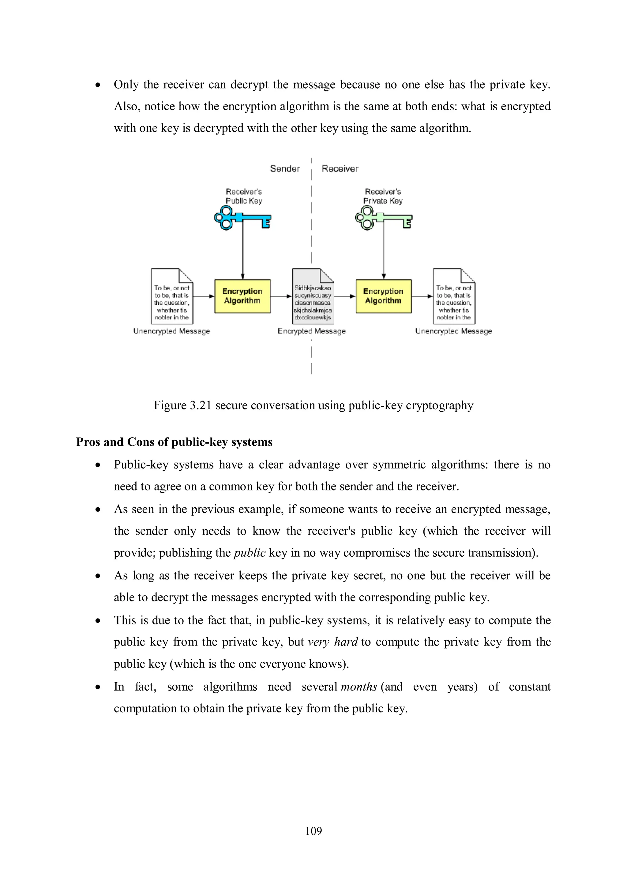 109  Only the receiver can decrypt the message because no one else has the private key. Also, notice how the encryption algorithm is the same at both ends: what is encrypted with one key is decrypted with the other key using the same algorithm. Figure 3.21 secure conversation using public-key cryptography Pros and Cons of public-key systems  Public-key systems have a clear advantage over symmetric algorithms: there is no need to agree on a common key for both the sender and the receiver.  As seen in the previous example, if someone wants to receive an encrypted message, the sender only needs to know the receiver's public key (which the receiver will provide; publishing the public key in no way compromises the secure transmission).  As long as the receiver keeps the private key secret, no one but the receiver will be able to decrypt the messages encrypted with the corresponding public key.  This is due to the fact that, in public-key systems, it is relatively easy to compute the public key from the private key, but very hard to compute the private key from the public key (which is the one everyone knows).  In fact, some algorithms need several months (and even years) of constant computation to obtain the private key from the public key. 