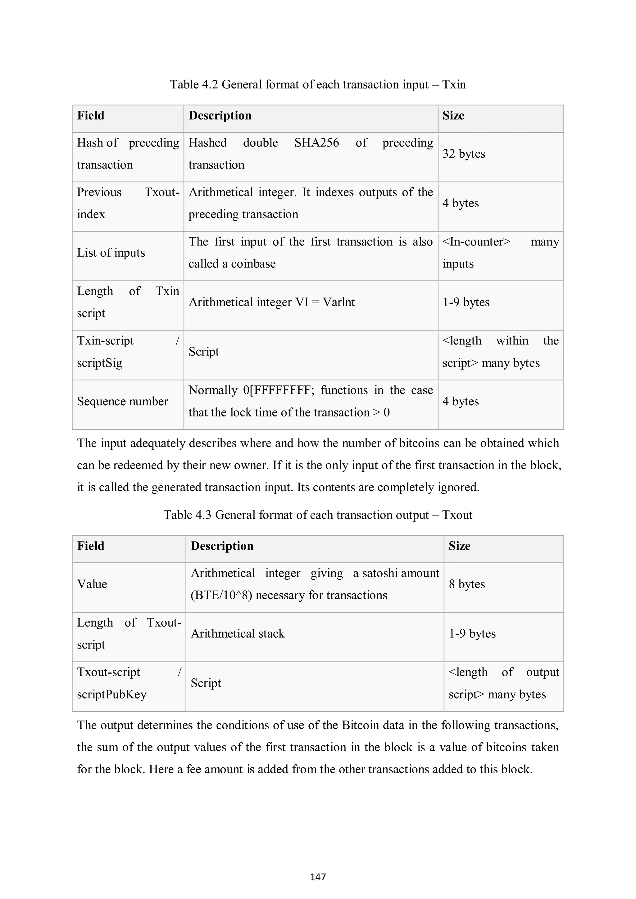 147 Table 4.2 General format of each transaction input – Txin Field Description Size Hash of preceding transaction Hashed double SHA256 of preceding transaction 32 bytes Previous Txout- index Arithmetical integer. It indexes outputs of the preceding transaction 4 bytes List of inputs The first input of the first transaction is also called a coinbase <In-counter> many inputs Length of Txin script Arithmetical integer VI = Varlnt 1-9 bytes Txin-script / scriptSig Script <length within the script> many bytes Sequence number Normally 0[FFFFFFFF; functions in the case that the lock time of the transaction > 0 4 bytes The input adequately describes where and how the number of bitcoins can be obtained which can be redeemed by their new owner. If it is the only input of the first transaction in the block, it is called the generated transaction input. Its contents are completely ignored. Table 4.3 General format of each transaction output – Txout Field Description Size Value Arithmetical integer giving a satoshi amount (BTE/10^8) necessary for transactions 8 bytes Length of Txout- script Arithmetical stack 1-9 bytes Txout-script / scriptPubKey Script <length of output script> many bytes The output determines the conditions of use of the Bitcoin data in the following transactions, the sum of the output values of the first transaction in the block is a value of bitcoins taken for the block. Here a fee amount is added from the other transactions added to this block. 