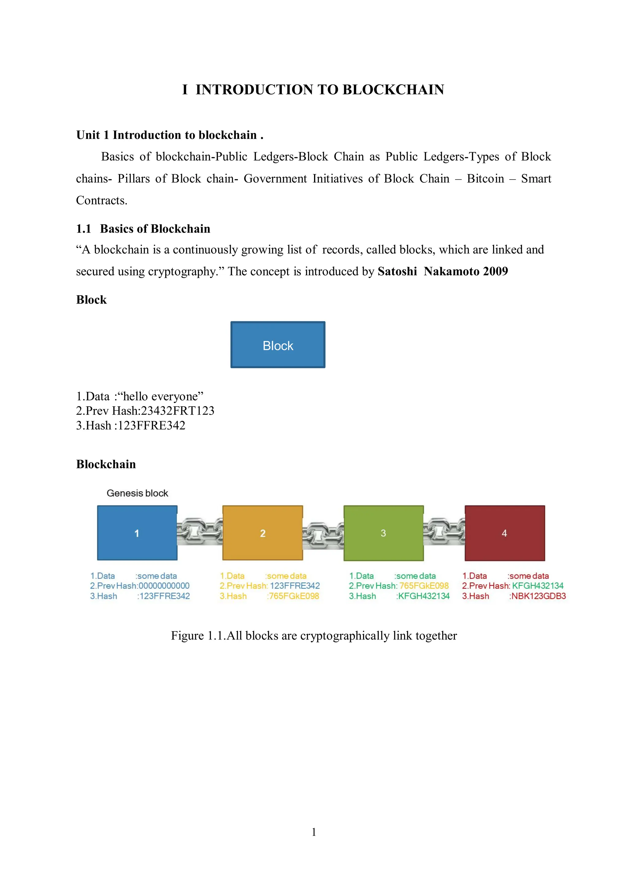 1 I INTRODUCTION TO BLOCKCHAIN Unit 1 Introduction to blockchain . Basics of blockchain-Public Ledgers-Block Chain as Public Ledgers-Types of Block chains- Pillars of Block chain- Government Initiatives of Block Chain – Bitcoin – Smart Contracts. 1.1 Basics of Blockchain “A blockchain is a continuously growing list of records, called blocks, which are linked and secured using cryptography.” The concept is introduced by Satoshi Nakamoto 2009 Block 1.Data :“hello everyone” 2.Prev Hash:23432FRT123 3.Hash :123FFRE342 Blockchain Figure 1.1.All blocks are cryptographically link together Block 