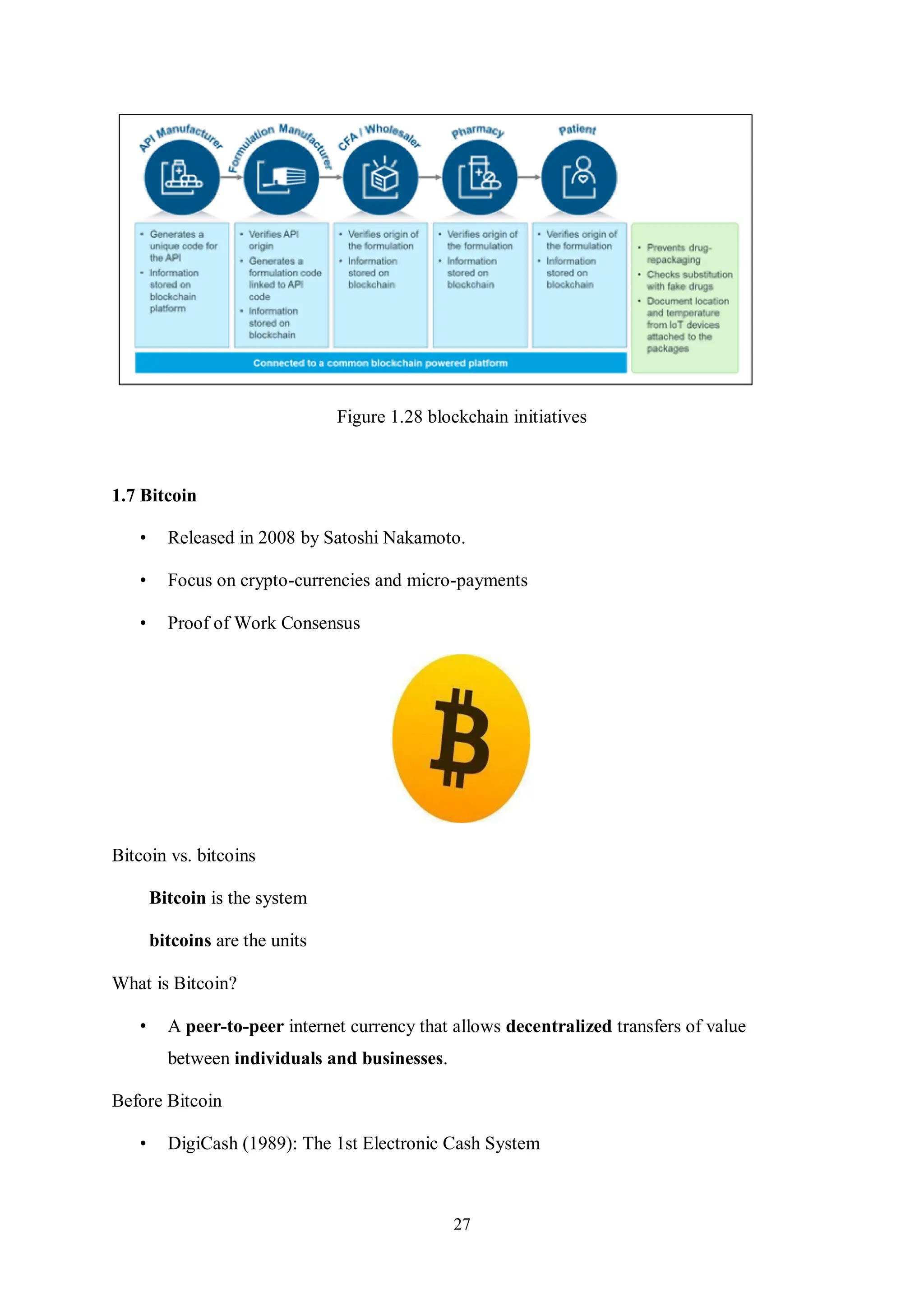 27 Figure 1.28 blockchain initiatives 1.7 Bitcoin • Released in 2008 by Satoshi Nakamoto. • Focus on crypto-currencies and micro-payments • Proof of Work Consensus Bitcoin vs. bitcoins Bitcoin is the system bitcoins are the units What is Bitcoin? • A peer-to-peer internet currency that allows decentralized transfers of value between individuals and businesses. Before Bitcoin • DigiCash (1989): The 1st Electronic Cash System 