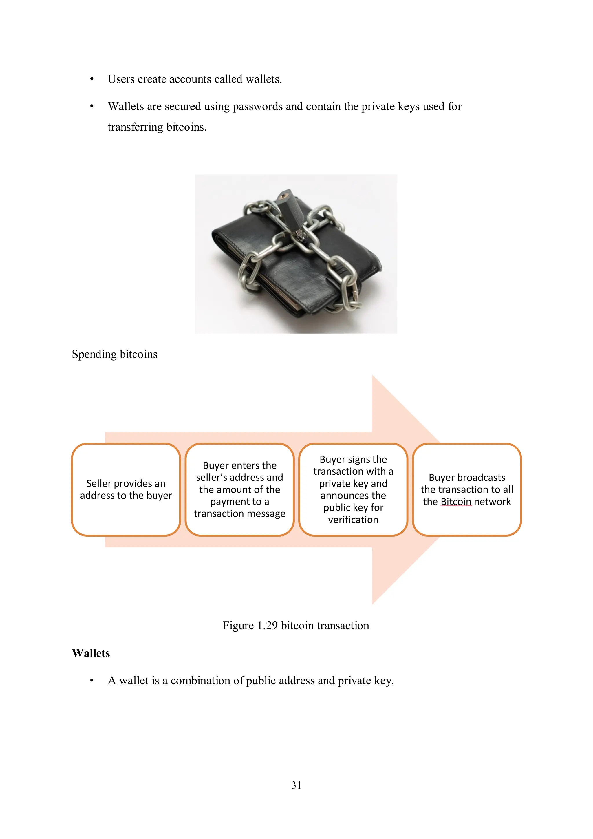 31 • Users create accounts called wallets. • Wallets are secured using passwords and contain the private keys used for transferring bitcoins. Spending bitcoins Figure 1.29 bitcoin transaction Wallets • A wallet is a combination of public address and private key. Seller provides an address to the buyer Buyer enters the seller’s address and the amount of the payment to a transaction message Buyer signs the transaction with a private key and announces the public key for verification Buyer broadcasts the transaction to all the Bitcoin network 
