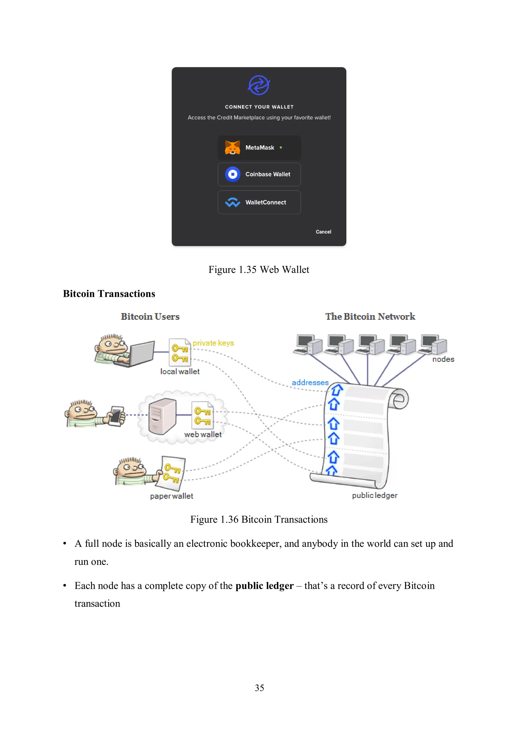35 Figure 1.35 Web Wallet Bitcoin Transactions Figure 1.36 Bitcoin Transactions • A full node is basically an electronic bookkeeper, and anybody in the world can set up and run one. • Each node has a complete copy of the public ledger – that’s a record of every Bitcoin transaction 