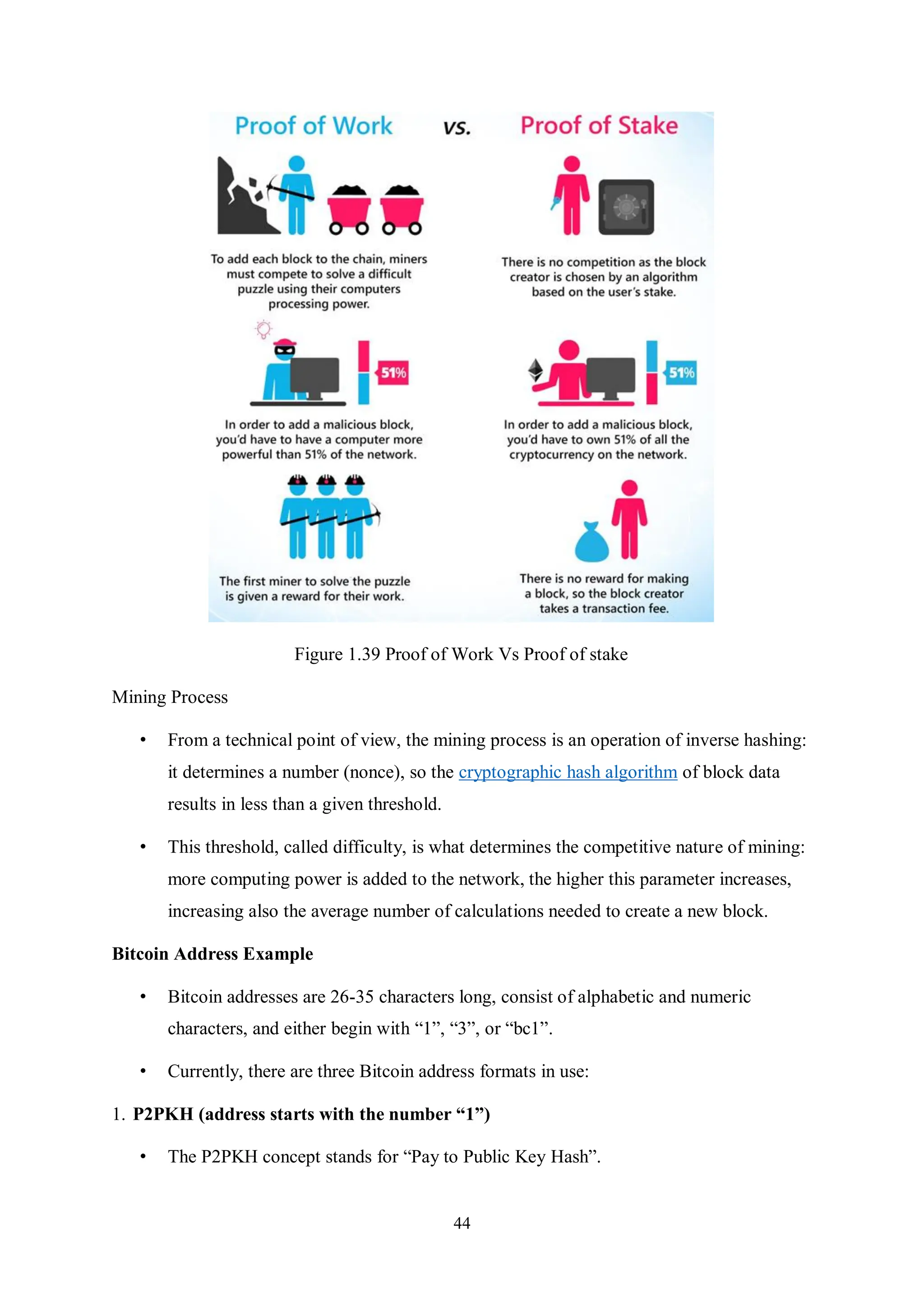 44 Figure 1.39 Proof of Work Vs Proof of stake Mining Process • From a technical point of view, the mining process is an operation of inverse hashing: it determines a number (nonce), so the cryptographic hash algorithm of block data results in less than a given threshold. • This threshold, called difficulty, is what determines the competitive nature of mining: more computing power is added to the network, the higher this parameter increases, increasing also the average number of calculations needed to create a new block. Bitcoin Address Example • Bitcoin addresses are 26-35 characters long, consist of alphabetic and numeric characters, and either begin with “1”, “3”, or “bc1”. • Currently, there are three Bitcoin address formats in use: 1. P2PKH (address starts with the number “1”) • The P2PKH concept stands for “Pay to Public Key Hash”. 