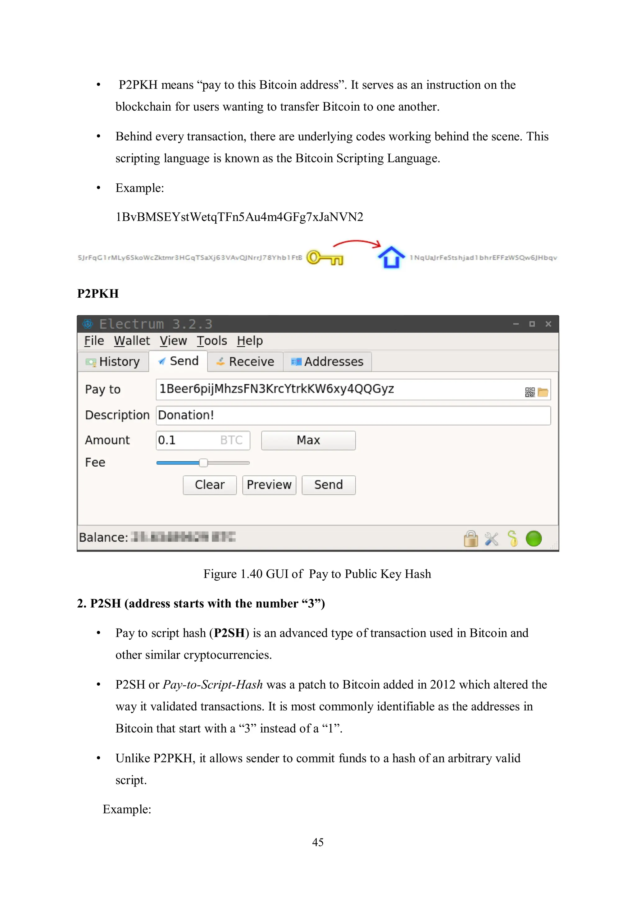45 • P2PKH means “pay to this Bitcoin address”. It serves as an instruction on the blockchain for users wanting to transfer Bitcoin to one another. • Behind every transaction, there are underlying codes working behind the scene. This scripting language is known as the Bitcoin Scripting Language. • Example: 1BvBMSEYstWetqTFn5Au4m4GFg7xJaNVN2 P2PKH Figure 1.40 GUI of Pay to Public Key Hash 2. P2SH (address starts with the number “3”) • Pay to script hash (P2SH) is an advanced type of transaction used in Bitcoin and other similar cryptocurrencies. • P2SH or Pay-to-Script-Hash was a patch to Bitcoin added in 2012 which altered the way it validated transactions. It is most commonly identifiable as the addresses in Bitcoin that start with a “3” instead of a “1”. • Unlike P2PKH, it allows sender to commit funds to a hash of an arbitrary valid script. Example: 
