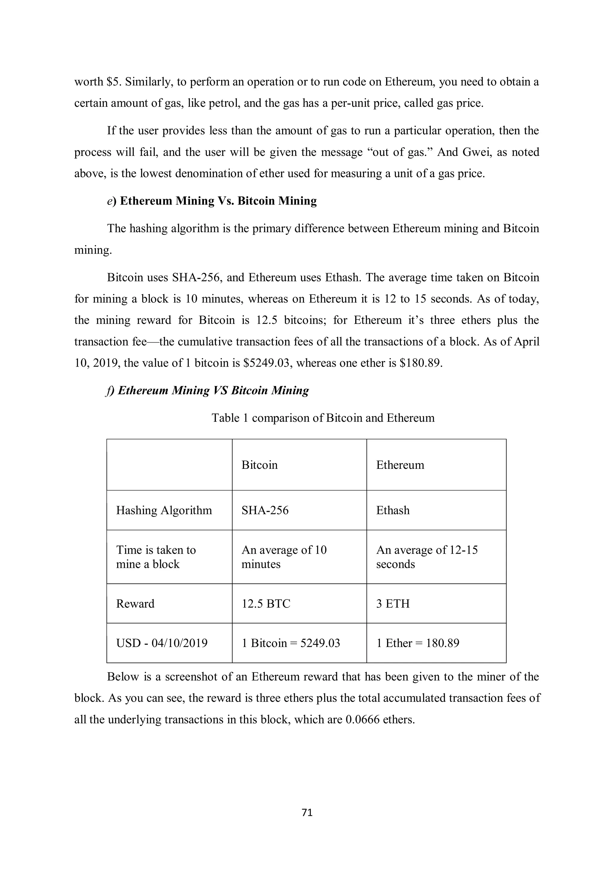 71 worth $5. Similarly, to perform an operation or to run code on Ethereum, you need to obtain a certain amount of gas, like petrol, and the gas has a per-unit price, called gas price. If the user provides less than the amount of gas to run a particular operation, then the process will fail, and the user will be given the message “out of gas.” And Gwei, as noted above, is the lowest denomination of ether used for measuring a unit of a gas price. e) Ethereum Mining Vs. Bitcoin Mining The hashing algorithm is the primary difference between Ethereum mining and Bitcoin mining. Bitcoin uses SHA-256, and Ethereum uses Ethash. The average time taken on Bitcoin for mining a block is 10 minutes, whereas on Ethereum it is 12 to 15 seconds. As of today, the mining reward for Bitcoin is 12.5 bitcoins; for Ethereum it’s three ethers plus the transaction fee—the cumulative transaction fees of all the transactions of a block. As of April 10, 2019, the value of 1 bitcoin is $5249.03, whereas one ether is $180.89. f) Ethereum Mining VS Bitcoin Mining Table 1 comparison of Bitcoin and Ethereum Bitcoin Ethereum Hashing Algorithm SHA-256 Ethash Time is taken to mine a block An average of 10 minutes An average of 12-15 seconds Reward 12.5 BTC 3 ETH USD - 04/10/2019 1 Bitcoin = 5249.03 1 Ether = 180.89 Below is a screenshot of an Ethereum reward that has been given to the miner of the block. As you can see, the reward is three ethers plus the total accumulated transaction fees of all the underlying transactions in this block, which are 0.0666 ethers. 