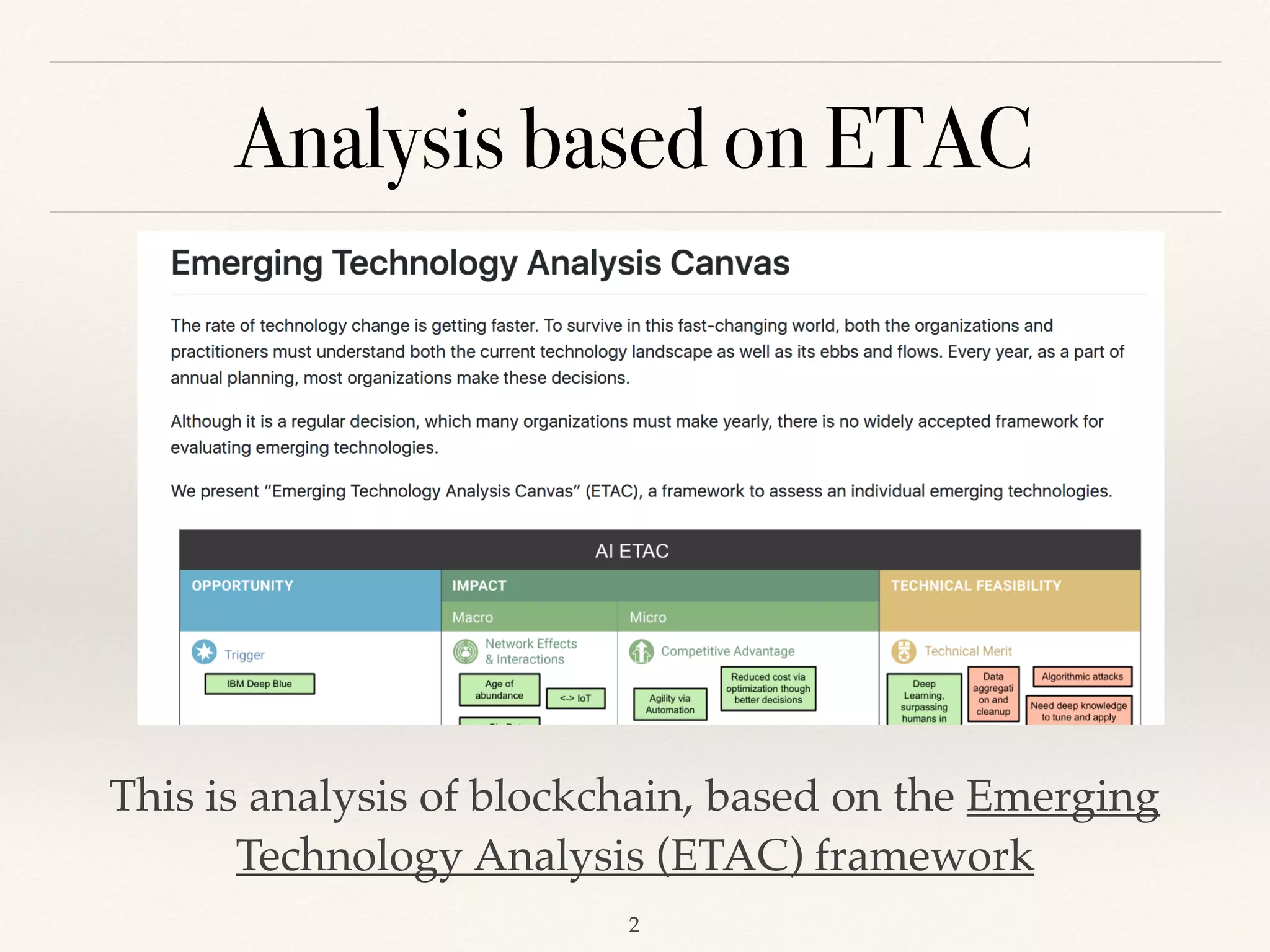Analysis based on ETAC
!2
This is analysis of blockchain, based on the Emerging
Technology Analysis (ETAC) framework
 