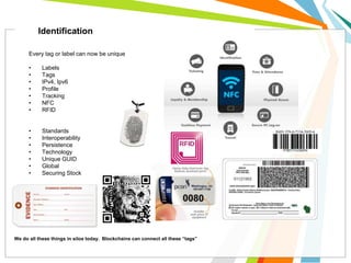 Every tag or label can now be unique
• Labels
• Tags
• IPv4, Ipv6
• Profile
• Tracking
• NFC
• RFID
• Standards
• Interoperability
• Persistence
• Technology
• Unique GUID
• Global
• Securing Stock
We do all these things in silos today. Blockchains can connect all these “tags”
Identification
 
