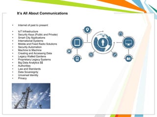 • Internet of past to present
• IoT Infrastructure
• Security Keys (Public and Private)
• Smart City Applications
• International Systems
• Mobile and Fixed Radio Solutions
• Security Automation
• Machine to Machine
• Creating and Accessing Data
• Legacy Walled Gardens
• Proprietary Legacy Systems
• Big Data Analytics $$
• Authorities
• Law and Standards
• Data Sovereignty
• Universal Identity
• Privacy
It’s All About Communications
 