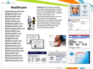 Healthcare
MyHealthcareID.com
MyMedicalID.com
MyPatientID.com
MyDonorID.com
MyDoctorID.com
MyMedicareID.com
MyMedicaidID.com
MyEmergencyID.com
MyDentalID.com
MyGeneticID.com
MyInfantID.com
MyBirthID.com
MyEDeviceID.com
MyPictureID.com
MyMonitorID.com
MyInsuranceID.com
MyPharmacyID.com
MyChildID.com
MyDaycareID.com
MyChildcareID.com
MyPhysicianID.com
Healthcare information protection
and online access laws are a driving
force behind BridgeIDentity. Direct
access to medical records, hospitals,
doctors, pharmacies, and
government services are in the very
near future for all individuals,
companies, and healthcare providers.
This precedence will set a guiding
path of technology used to access
confidential information through
secure interactive portals.
 