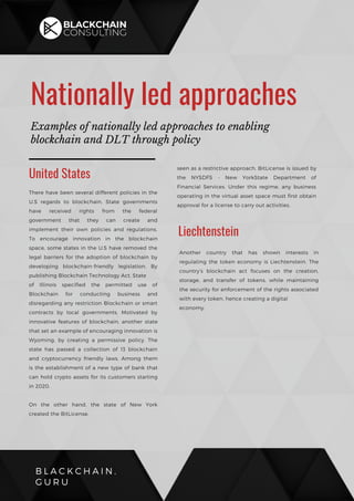B L A C K C H A I N .
G U R U
There have been several different policies in the
U.S regards to blockchain. State governments
have received rights from the federal
government that they can create and
implement their own policies and regulations.
To encourage innovation in the blockchain
space, some states in the U.S have removed the
legal barriers for the adoption of blockchain by
developing blockchain-friendly legislation. By
publishing Blockchain Technology Act, State
of Illinois specified the permitted use of
Blockchain for conducting business and
disregarding any restriction Blockchain or smart
contracts by local governments. Motivated by
innovative features of blockchain, another state
that set an example of encouraging innovation is
Wyoming, by creating a permissive policy. The
state has passed a collection of 13 blockchain
and cryptocurrency friendly laws. Among them
is the establishment of a new type of bank that
can hold crypto assets for its customers starting
in 2020.
On the other hand, the state of New York
created the BitLicense,
seen as a restrictive approach. BitLicense is issued by
the NYSDFS - New YorkState Department of
Financial Services. Under this regime, any business
operating in the virtual asset space must first obtain
approval for a license to carry out activities.
United States
Liechtenstein
Another country that has shown interests in
regulating the token economy is Liechtenstein. The
country’s blockchain act focuses on the creation,
storage, and transfer of tokens, while maintaining
the security for enforcement of the rights associated
with every token, hence creating a digital
economy.
Nationally led approaches 
Examples of nationally led approaches to enabling
blockchain and DLT through policy
 