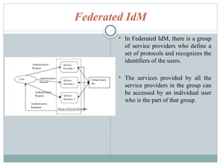 Federated IdM
 In Federated IdM, there is a group
of service providers who define a
set of protocols and recognizes the
identifiers of the users.
 The services provided by all the
service providers in the group can
be accessed by an individual user
who is the part of that group.
 