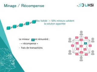 Bloc Validé : > 50% mineurs valident
la solution apportée
Le mineur est rémunéré :
- « récompense »
- frais de transactions
Minage / Récompense
R
M
M
M
M
MM
M
M
MM
M
M
R
18
 