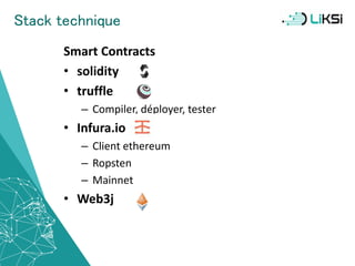 Stack technique
Smart Contracts
• solidity
• truffle
– Compiler, déployer, tester
• Infura.io
– Client ethereum
– Ropsten
– Mainnet
• Web3j
39
 
