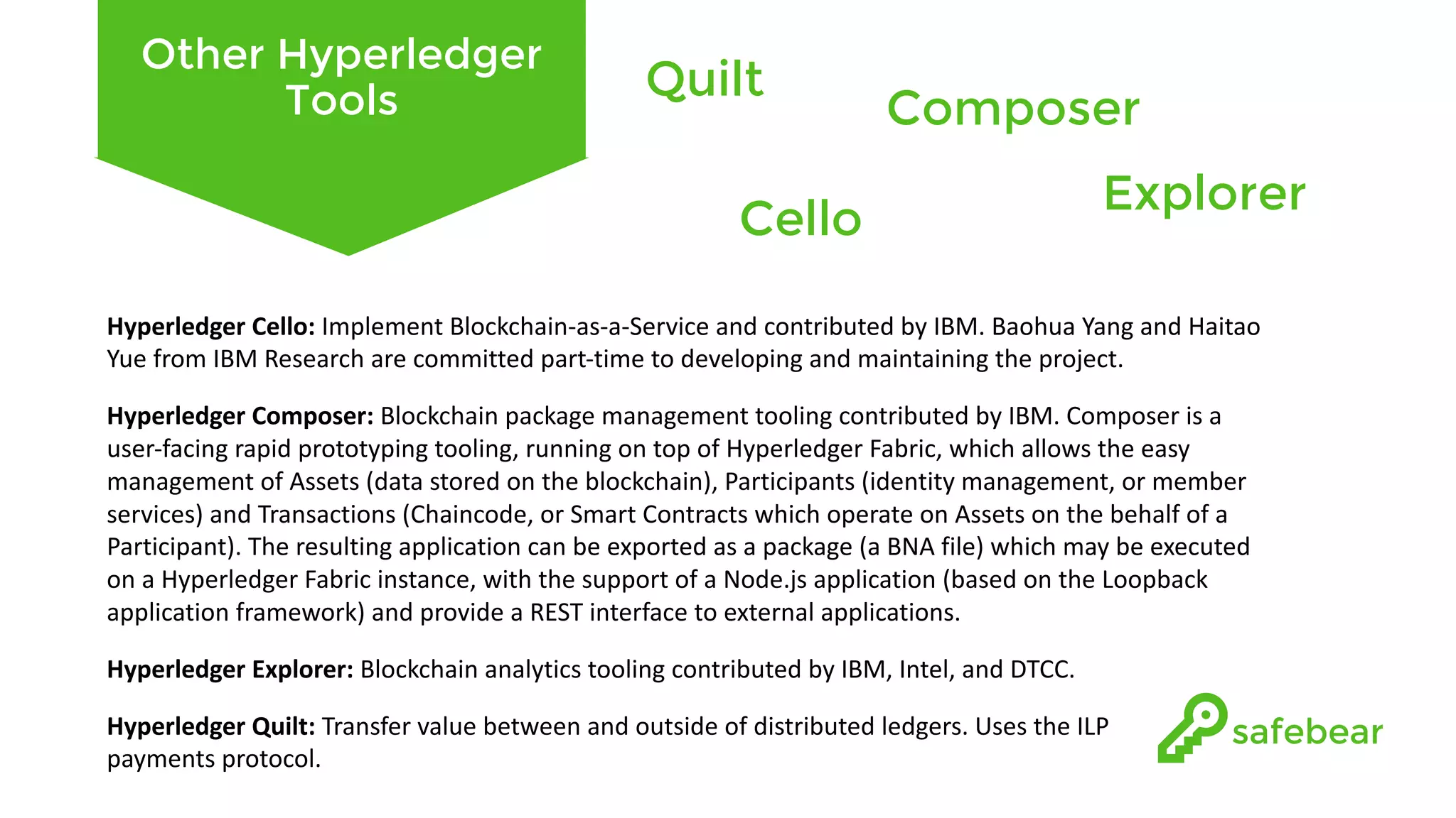 Other Hyperledger Tools Cello Composer Explorer Quilt Hyperledger Cello:	Implement	Blockchain-as-a-Service	and	contributed	by	IBM.	Baohua Yang	and	Haitao Yue	from	IBM	Research	are	committed	part-time	to	developing	and	maintaining	the	project. Hyperledger Composer:	Blockchain package	management	tooling	contributed	by	IBM.	Composer	is	a user-facing	rapid	prototyping	tooling,	running	on	top	of	Hyperledger Fabric,	which	allows	the	easy management	of	Assets	(data	stored	on	the	blockchain),	Participants	(identity	management,	or	member services)	and	Transactions	(Chaincode,	or	Smart	Contracts	which	operate	on	Assets	on	the	behalf	of	a Participant).	The	resulting	application	can	be	exported	as	a	package	(a	BNA	file)	which	may	be	executed on	a	Hyperledger Fabric	instance,	with	the	support	of	a	Node.js application	(based	on	the	Loopback application	framework)	and	provide	a	REST	interface	to	external	applications. Hyperledger Explorer: Blockchain analytics	tooling	contributed	by	IBM,	Intel,	and	DTCC. Hyperledger Quilt:	Transfer	value	between	and	outside	of	distributed	ledgers.	Uses	the	ILP payments	protocol. 