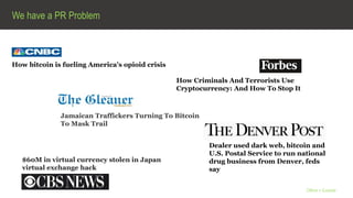 We have a PR Problem
Olive + Goose
How bitcoin is fueling America's opioid crisis
Dealer used dark web, bitcoin and
U.S. Postal Service to run national
drug business from Denver, feds
say
How Criminals And Terrorists Use
Cryptocurrency: And How To Stop It
Jamaican Traffickers Turning To Bitcoin
To Mask Trail
$60M in virtual currency stolen in Japan
virtual exchange hack
 