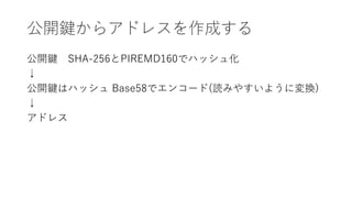 公開鍵からアドレスを作成する
公開鍵 SHA-256とPIREMD160でハッシュ化
↓
公開鍵はハッシュ Base58でエンコード(読みやすいように変換)
↓
アドレス
 