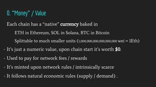0. “Money” / Value
Each chain has a “native” currency baked in
ETH in Ethereum, SOL in Solana, BTC in Bitcoin
Splittable to much smaller units (1,000,000,000,000,000,000 wei = 1Eth)
- It’s just a numeric value, upon chain start it’s worth $0.
- Used to pay for network fees / rewards
- It’s minted upon network rules / intrinsically scarce
- It follows natural economic rules (supply / demand) .
 