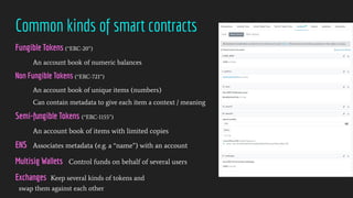 Common kinds of smart contracts
Fungible Tokens (“ERC-20”)
An account book of numeric balances
Non Fungible Tokens (“ERC-721”)
An account book of unique items (numbers)
Can contain metadata to give each item a context / meaning
Semi-fungible Tokens (“ERC-1155”)
An account book of items with limited copies
ENS Associates metadata (e.g. a “name”) with an account
Multisig Wallets Control funds on behalf of several users
Exchanges Keep several kinds of tokens and
swap them against each other
 