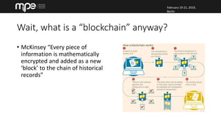 February 19-21, 2019,
Berlin
February 19-21, 2019,
Berlin
Wait, what is a “blockchain” anyway?
• McKinsey “Every piece of
information is mathematically
encrypted and added as a new
‘block’ to the chain of historical
records”
 