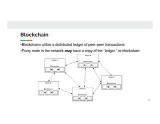 Blockchain
•Blockchains utilize a distributed ledger of peer-peer transactions
•Every node in the network may have a copy ...