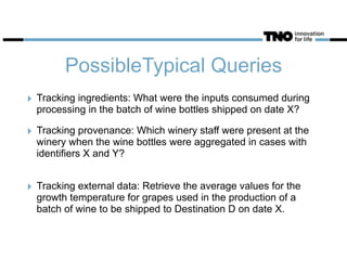 PossibleTypical Queries
‣ Tracking ingredients: What were the inputs consumed during
processing in the batch of wine bottles shipped on date X?
‣ Tracking provenance: Which winery staff were present at the
winery when the wine bottles were aggregated in cases with
identifiers X and Y?  
‣ Tracking external data: Retrieve the average values for the
growth temperature for grapes used in the production of a
batch of wine to be shipped to Destination D on date X.
 