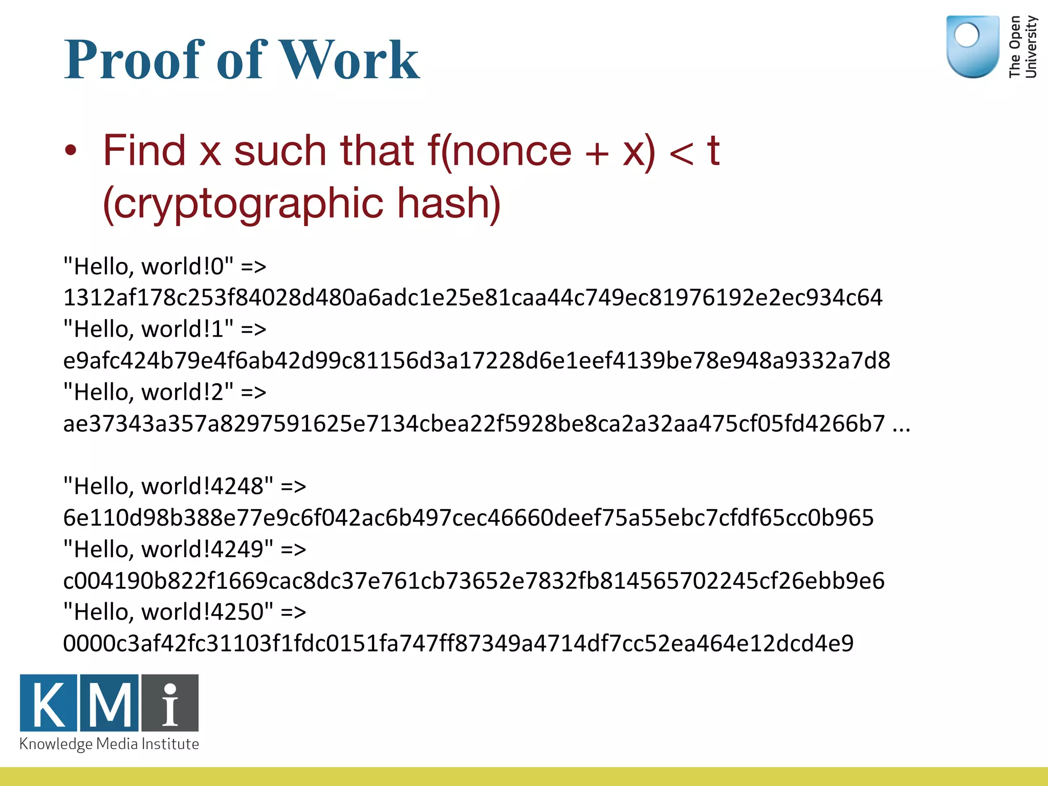 Proof of Work
• Find x such that f(nonce + x) < t
(cryptographic hash)
"Hello,	world!0"	=>	
1312af178c253f84028d480a6adc1e25e81caa44c749ec81976192e2ec934c64	
"Hello,	world!1"	=>	
e9afc424b79e4f6ab42d99c81156d3a17228d6e1eef4139be78e948a9332a7d8	
"Hello,	world!2"	=>	
ae37343a357a8297591625e7134cbea22f5928be8ca2a32aa475cf05fd4266b7	...	
"Hello,	world!4248"	=>	
6e110d98b388e77e9c6f042ac6b497cec46660deef75a55ebc7cfdf65cc0b965	
"Hello,	world!4249"	=>	
c004190b822f1669cac8dc37e761cb73652e7832fb814565702245cf26ebb9e6	
"Hello,	world!4250"	=>	
0000c3af42fc31103f1fdc0151fa747ff87349a4714df7cc52ea464e12dcd4e9
 