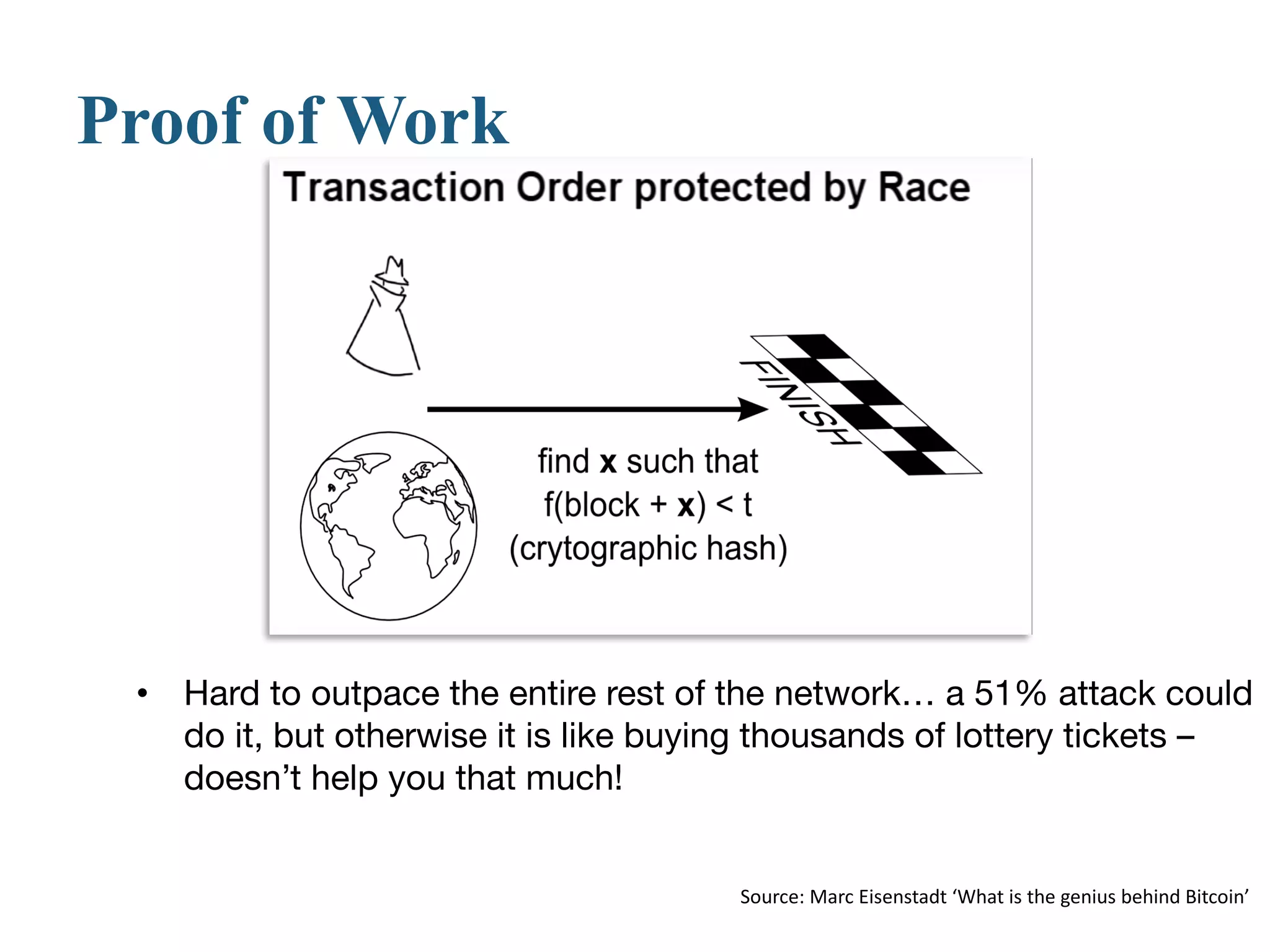 Proof of Work
• Hard to outpace the entire rest of the network… a 51% attack could
do it, but otherwise it is like buying thousands of lottery tickets –
doesn’t help you that much!
Source:	Marc	Eisenstadt ‘What	is	the	genius	behind	Bitcoin’	
 