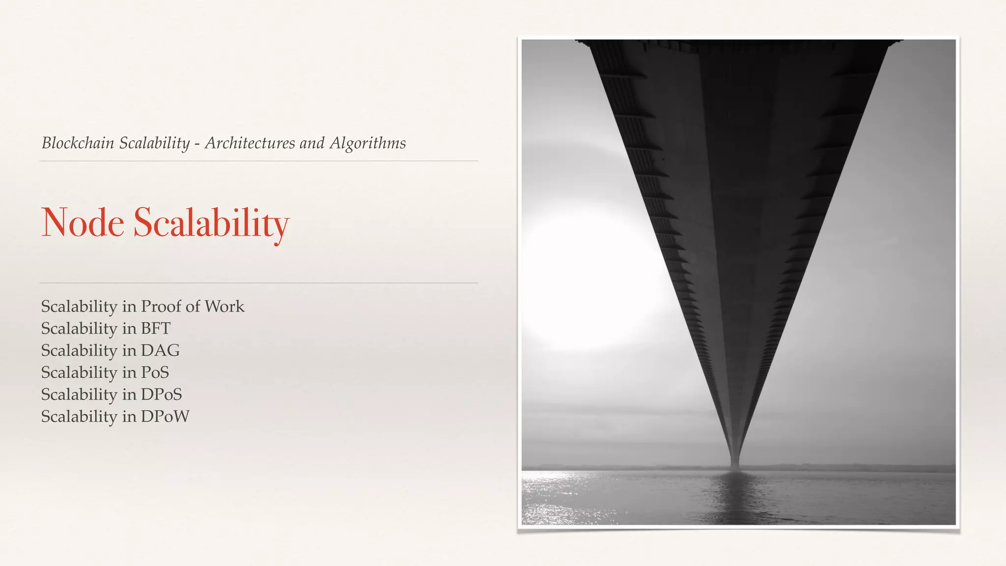 Blockchain Scalability - Architectures and Algorithms
Node Scalability
Scalability in Proof of Work
Scalability in BFT
Scalability in DAG
Scalability in PoS
Scalability in DPoS
Scalability in DPoW
 