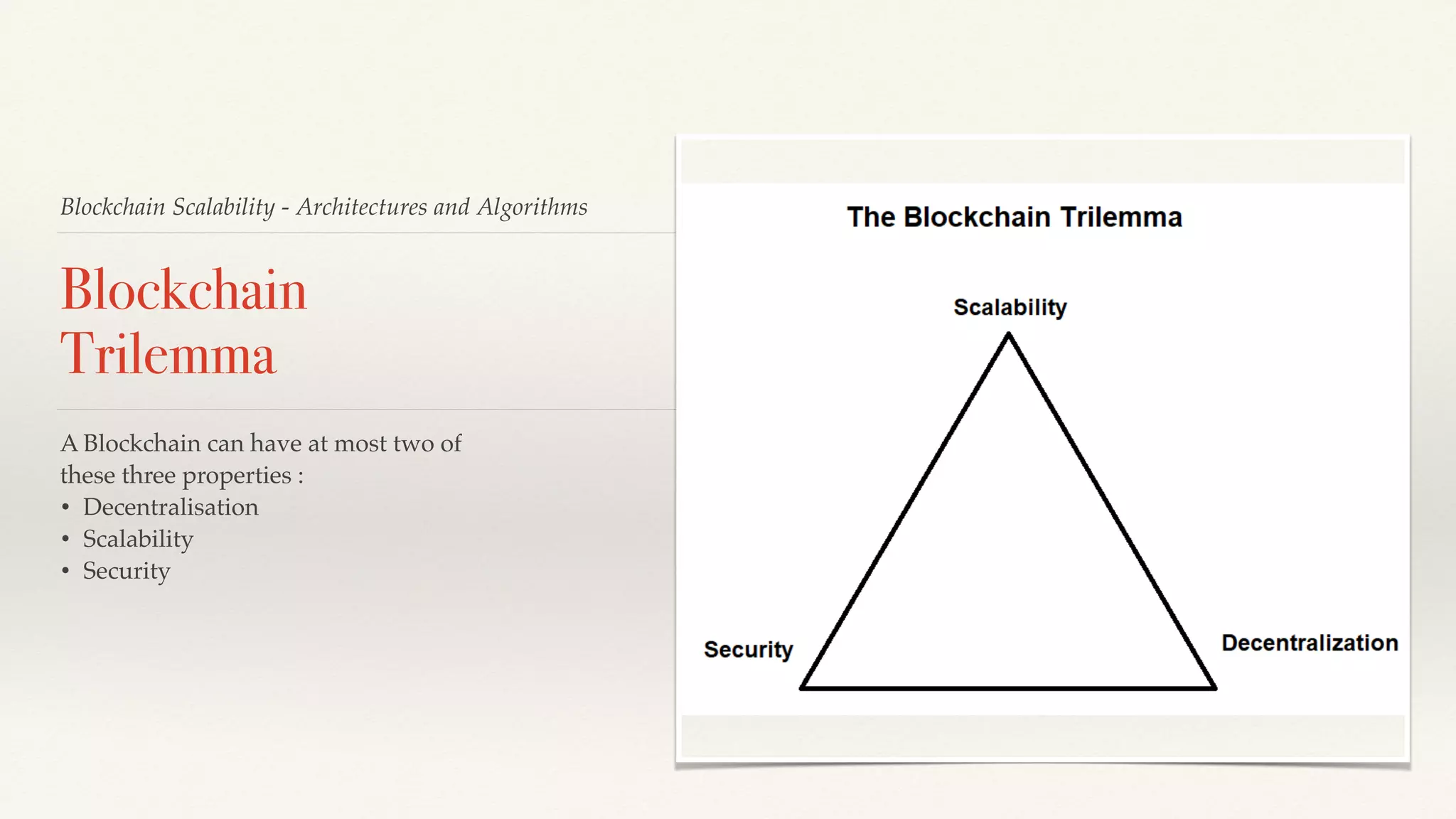 Blockchain Scalability - Architectures and Algorithms
Blockchain
Trilemma
A Blockchain can have at most two of
these three properties :
• Decentralisation
• Scalability
• Security
 