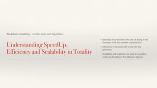 Blockchain Scalability - Architectures and Algorithms
Understanding SpeedUp,
Efficiency and Scalability in Totality
• Speedup measures how the rate of doing work
increases with the number of processors
• Efﬁciency E measures the work rate per
processor
• Scalability ψ(k1
,k2
) from one scale k1
to another
scale k2
is the ratio of the efﬁciency ﬁgures
 