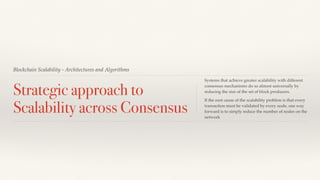 Blockchain Scalability - Architectures and Algorithms
Strategic approach to
Scalability across Consensus
Systems that achieve greater scalability with different
consensus mechanisms do so almost universally by
reducing the size of the set of block producers.
If the root cause of the scalability problem is that every
transaction must be validated by every node, one way
forward is to simply reduce the number of nodes on the
network
 