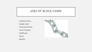 USES OF BLOCK CHAIN
• Cryptocurrency
• Supply chain
• Financial Services
• Smart Property
• Healthcare
• Music
• Identity
 