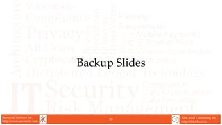 Secunoid Systems Inc.
http://www.secunoid.com
Alto Azul Consulting Inc.
https://blocksec.ca
Backup Slides
28
 