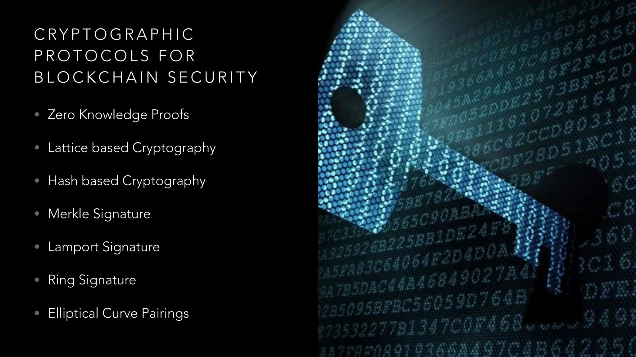 C RY P T O G R A P H I C
P R O T O C O L S F O R
B L O C K C H A I N S E C U R I T Y
• Zero Knowledge Proofs
• Lattice based Cryptography
• Hash based Cryptography
• Merkle Signature
• Lamport Signature
• Ring Signature
• Elliptical Curve Pairings
 