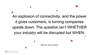 An explosion of connectivity, and the power
it gives customers, is turning companies
upside down. The question isn’t WHETHER
your industry will be disrupted but WHEN.
Marty Neumeier
“
“
 