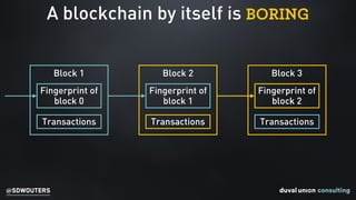 @SDWOUTERS
A blockchain by itself is BORING
Block 1 Block 2 Block 3
Fingerprint of
block 0
Fingerprint of
block 1
Fingerprint of
block 2
Transactions Transactions TransactionsTransactions
Fingerprint of
block 2
 