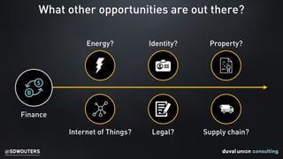@SDWOUTERS
What other opportunities are out there?
Finance
Internet of Things?
Energy?
Supply chain?
Identity? Property?
Legal?
 