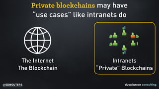 @SDWOUTERS
Private blockchains may have  
“use cases” like intranets do
Intranets
“Private” Blockchains
The Internet
The Blockchain
 